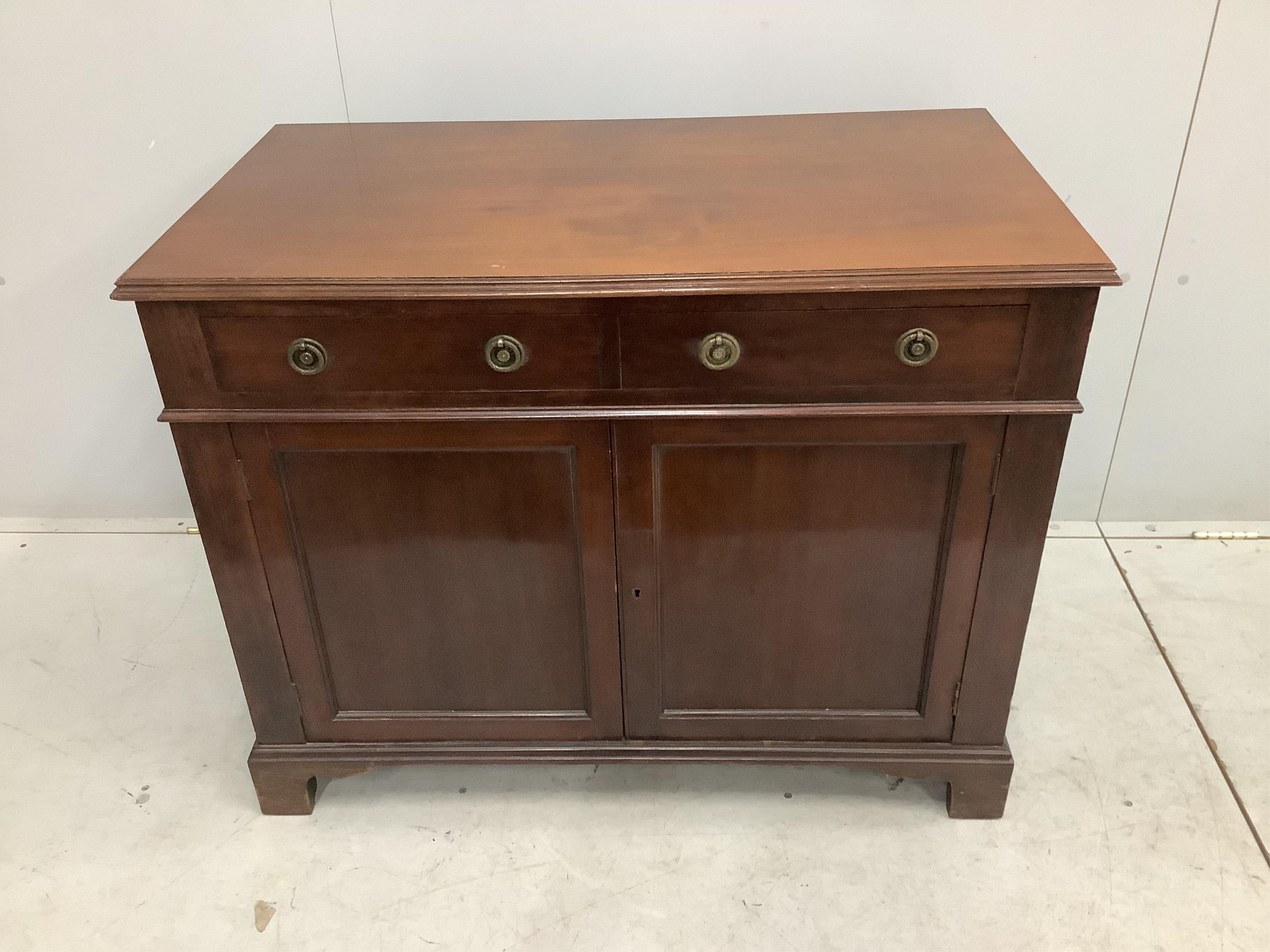 An Edwardian mahogany side cabinet, width 95cm, depth 53cm, height 76cm. Condition - fair